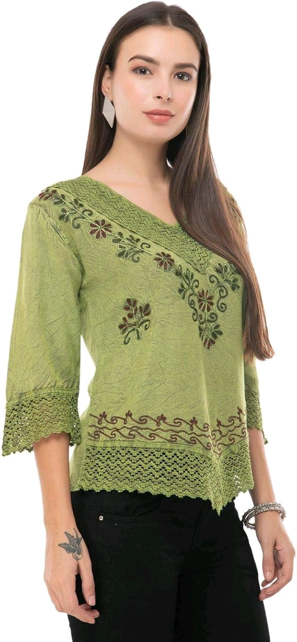 Women's Rayon Green Embroidery - Green Smoke, L