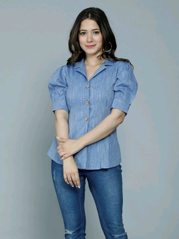 Casual Puff Sleeves Self Design Women Blue Top - Polo Blue, L