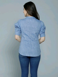 Casual Puff Sleeves Self Design Women Blue Top - Polo Blue, L