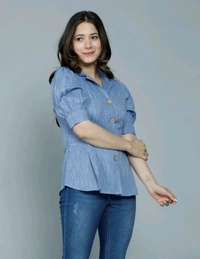 Casual Puff Sleeves Self Design Women Blue Top - Polo Blue, L