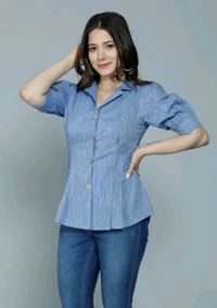 Casual Puff Sleeves Self Design Women Blue Top - Polo Blue, L