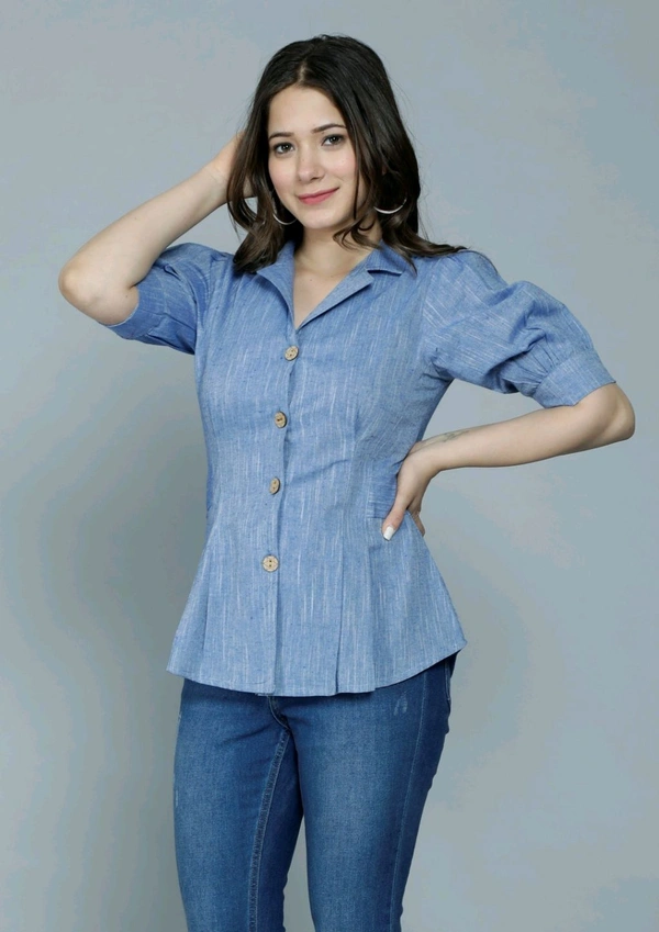 Casual Puff Sleeves Self Design Women Blue Top - Polo Blue, L