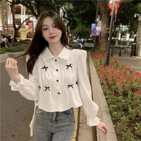 Bow Long Sleeve Shirt Women's Design Sense Niche Top New Spring and Autumn Loose Short Shirt Women - White, M