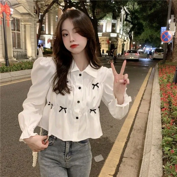 Bow Long Sleeve Shirt Women's Design Sense Niche Top New Spring and Autumn Loose Short Shirt Women - White, M