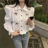 Bow Long Sleeve Shirt Women's Design Sense Niche Top New Spring and Autumn Loose Short Shirt Women - White, M