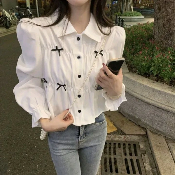 Bow Long Sleeve Shirt Women's Design Sense Niche Top New Spring and Autumn Loose Short Shirt Women - White, M
