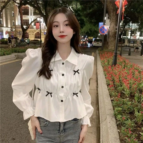 Bow Long Sleeve Shirt Women's Design Sense Niche Top New Spring and Autumn Loose Short Shirt Women - White, S
