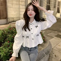 Bow Long Sleeve Shirt Women's Design Sense Niche Top New Spring and Autumn Loose Short Shirt Women - White, S