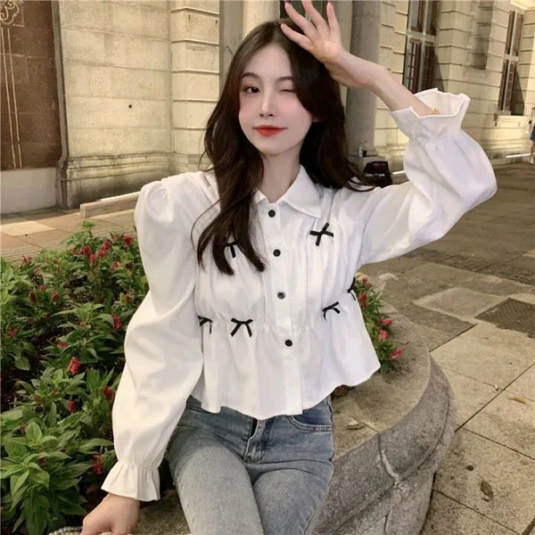 Bow Long Sleeve Shirt Women's Design Sense Niche Top New Spring and Autumn Loose Short Shirt Women - White, S