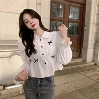 Bow Long Sleeve Shirt Women's Design Sense Niche Top New Spring and Autumn Loose Short Shirt Women - White, S