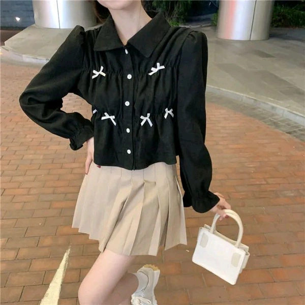 Bow Long Sleeve Shirt Women's Design Sense Niche Top New Spring and Autumn Loose Short Shirt Women - Black, L