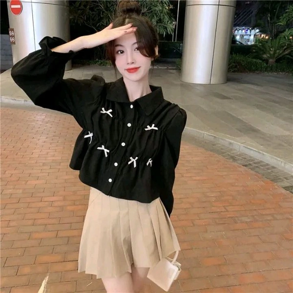Bow Long Sleeve Shirt Women's Design Sense Niche Top New Spring and Autumn Loose Short Shirt Women - Black, S