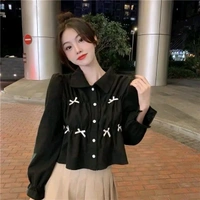 Bow Long Sleeve Shirt Women's Design Sense Niche Top New Spring and Autumn Loose Short Shirt Women - Black, S