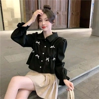 Bow Long Sleeve Shirt Women's Design Sense Niche Top New Spring and Autumn Loose Short Shirt Women - Black, S
