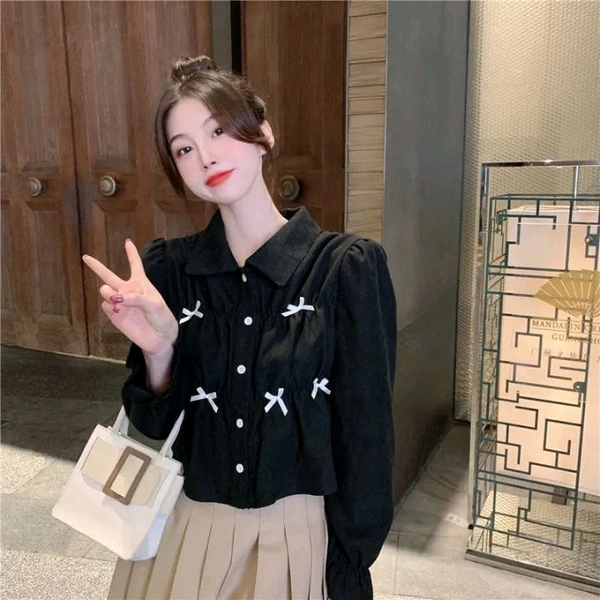 Bow Long Sleeve Shirt Women's Design Sense Niche Top New Spring and Autumn Loose Short Shirt Women - Black, S