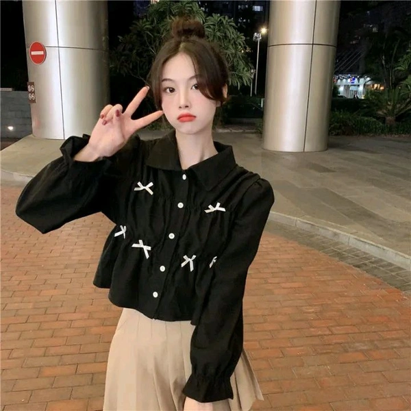 Bow Long Sleeve Shirt Women's Design Sense Niche Top New Spring and Autumn Loose Short Shirt Women - Black, S