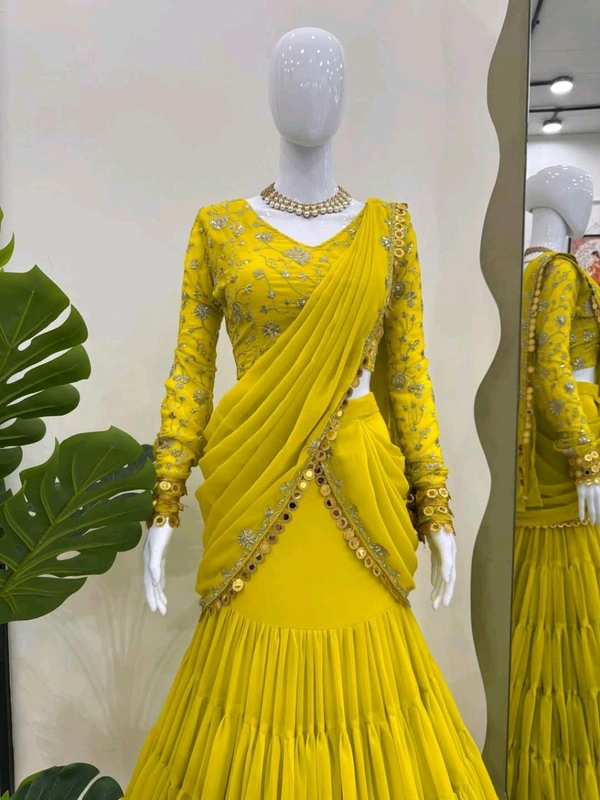 GEORGETTE READY WEAR LEHENGA SAREE - Yellow, Free Size
