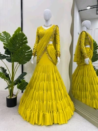 GEORGETTE READY WEAR LEHENGA SAREE - Yellow, Free Size
