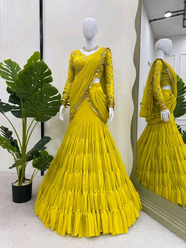 GEORGETTE READY WEAR LEHENGA SAREE - Yellow, Free Size