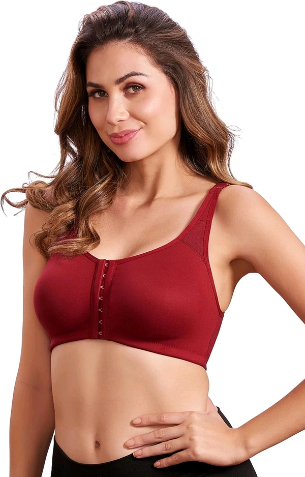 Women Cotton Brushed Lycra Full Coverage No Bounce, Non-Wired, Non-Padded Front Open Magic Bra with Back Support - Merlot, 38B