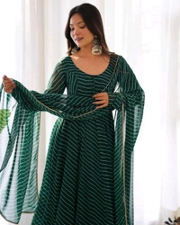 Women's Lehariya Print Georgette Anarkali Fit Long Sleeves Lightweight Ethnic Wear Gown +Dupatta  - S, Bush