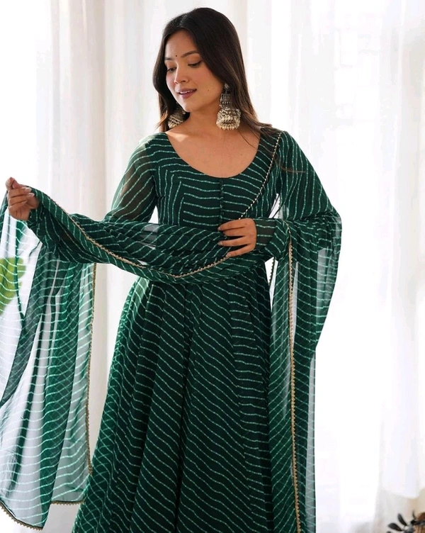 Women's Lehariya Print Georgette Anarkali Fit Long Sleeves Lightweight Ethnic Wear Gown +Dupatta  - S, Bush