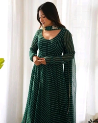 Women's Lehariya Print Georgette Anarkali Fit Long Sleeves Lightweight Ethnic Wear Gown +Dupatta  - S, Bush