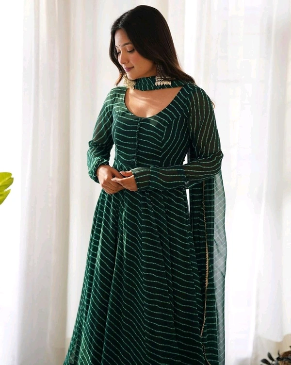 Women's Lehariya Print Georgette Anarkali Fit Long Sleeves Lightweight Ethnic Wear Gown +Dupatta  - S, Bush
