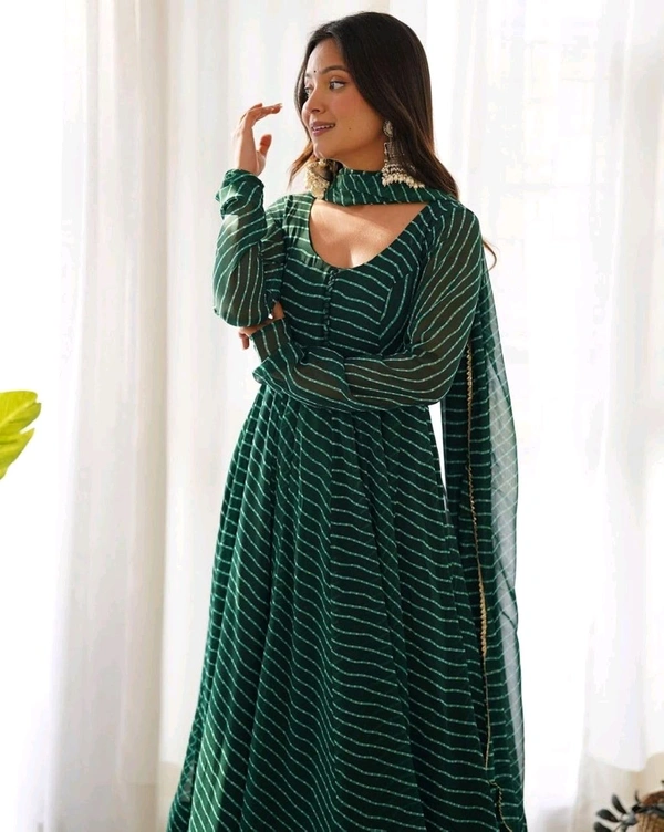 Women's Lehariya Print Georgette Anarkali Fit Long Sleeves Lightweight Ethnic Wear Gown +Dupatta  - XXL, Bush