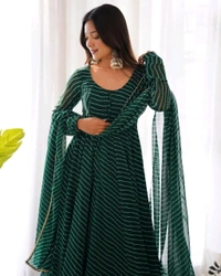 Women's Lehariya Print Georgette Anarkali Fit Long Sleeves Lightweight Ethnic Wear Gown +Dupatta  - XXL, Bush