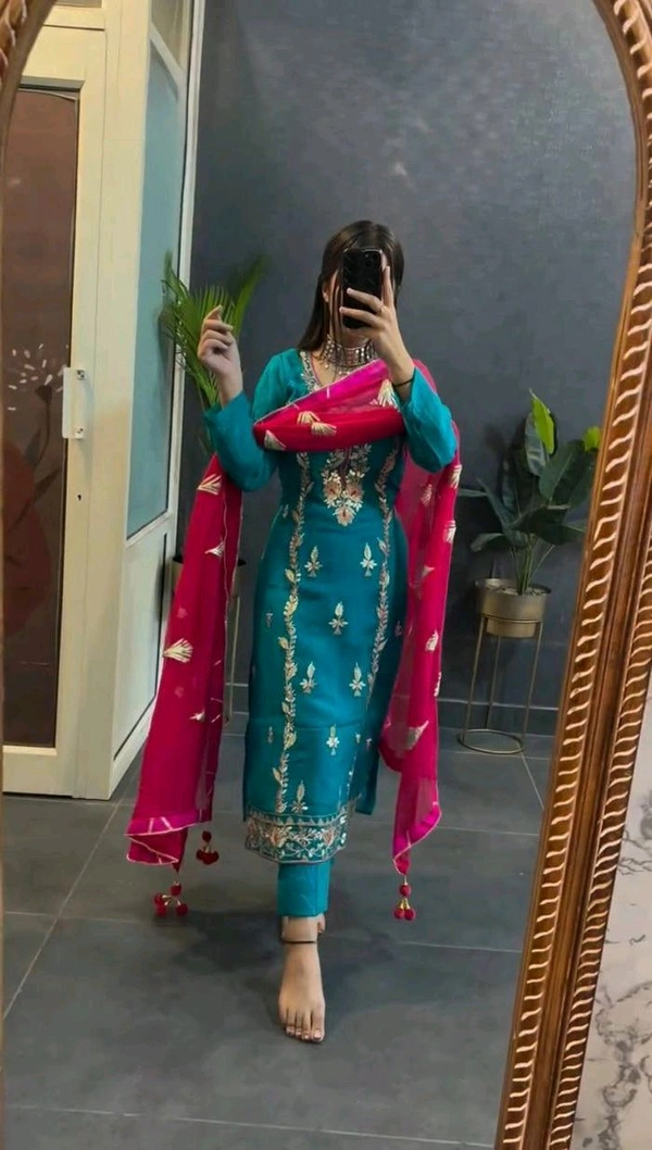 Elegant Heavy Chinnon Silk Embroidered Set with Full Sleeves & Sequence Work" - Blue Lagoon, L