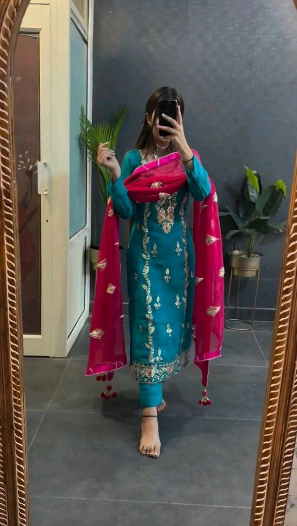 Elegant Heavy Chinnon Silk Embroidered Set with Full Sleeves & Sequence Work" - Blue Lagoon, L