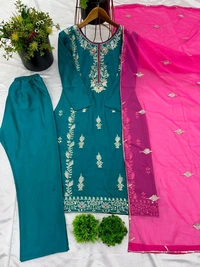 Elegant Heavy Chinnon Silk Embroidered Set with Full Sleeves & Sequence Work" - Blue Lagoon, L