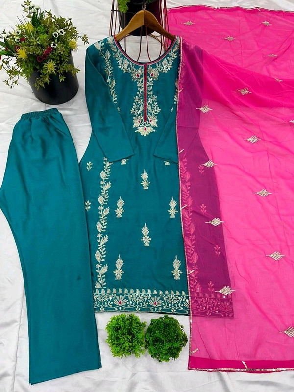 Elegant Heavy Chinnon Silk Embroidered Set with Full Sleeves & Sequence Work" - Blue Lagoon, L