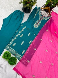 Elegant Heavy Chinnon Silk Embroidered Set with Full Sleeves & Sequence Work" - Blue Lagoon, L