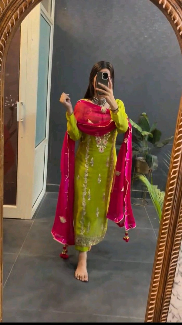 Elegant Heavy Chinnon Silk Embroidered Set with Full Sleeves & Sequence Work" - Bitter Lemon, L