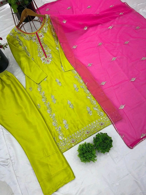 Elegant Heavy Chinnon Silk Embroidered Set with Full Sleeves & Sequence Work" - Bitter Lemon, L