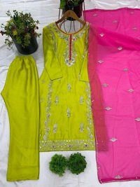 Elegant Heavy Chinnon Silk Embroidered Set with Full Sleeves & Sequence Work" - Bitter Lemon, L