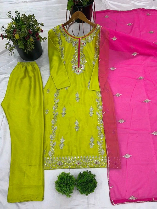 Elegant Heavy Chinnon Silk Embroidered Set with Full Sleeves & Sequence Work" - Bitter Lemon, L