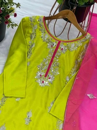 Elegant Heavy Chinnon Silk Embroidered Set with Full Sleeves & Sequence Work" - Bitter Lemon, L