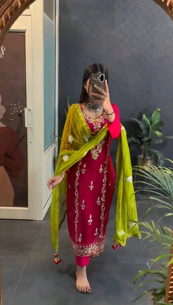 Elegant Heavy Chinnon Silk Embroidered Set with Full Sleeves & Sequence Work" - Red Ribbon, M