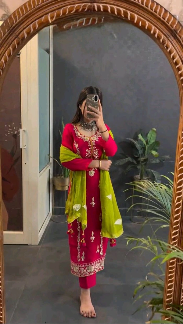 Elegant Heavy Chinnon Silk Embroidered Set with Full Sleeves & Sequence Work" - Red Ribbon, M