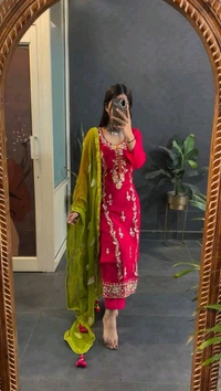 Elegant Heavy Chinnon Silk Embroidered Set with Full Sleeves & Sequence Work" - Red Ribbon, M