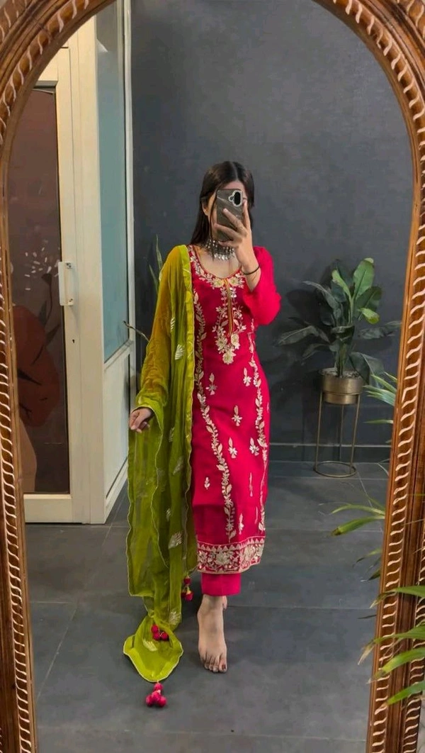 Elegant Heavy Chinnon Silk Embroidered Set with Full Sleeves & Sequence Work" - Red Ribbon, M