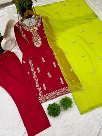 Elegant Heavy Chinnon Silk Embroidered Set with Full Sleeves & Sequence Work" - Red Ribbon, M