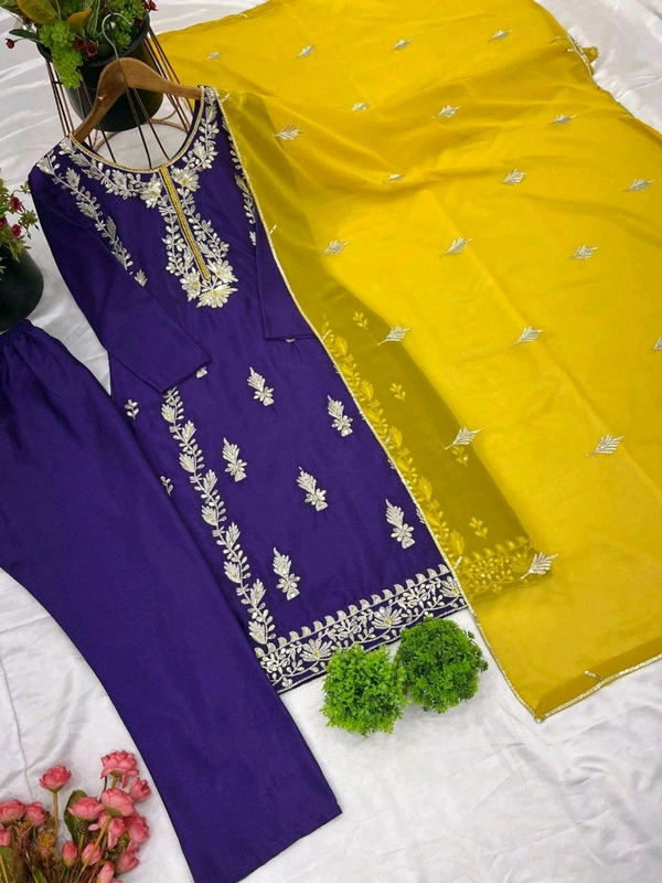 Elegant Heavy Chinnon Silk Embroidered Set with Full Sleeves & Sequence Work" - Meteorite, M