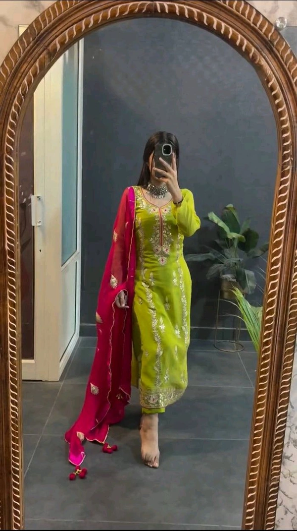 Elegant Heavy Chinnon Silk Embroidered Set with Full Sleeves & Sequence Work" - Bitter Lemon, M