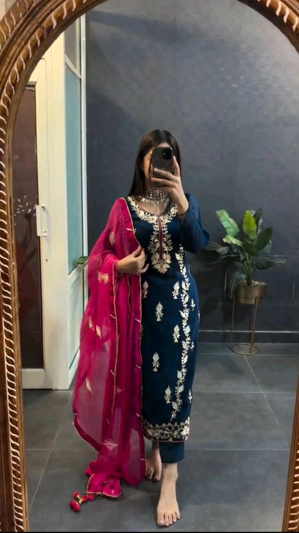 Elegant Heavy Chinnon Silk Embroidered Set with Full Sleeves & Sequence Work" - Nile Blue, XL