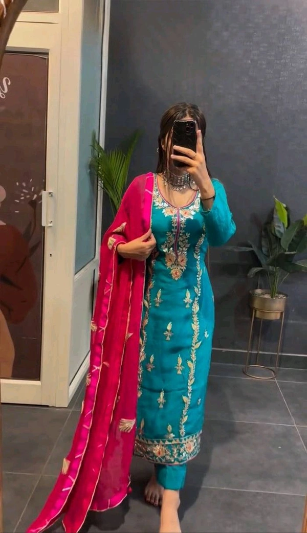 Elegant Heavy Chinnon Silk Embroidered Set with Full Sleeves & Sequence Work" - Blue Lagoon, XL