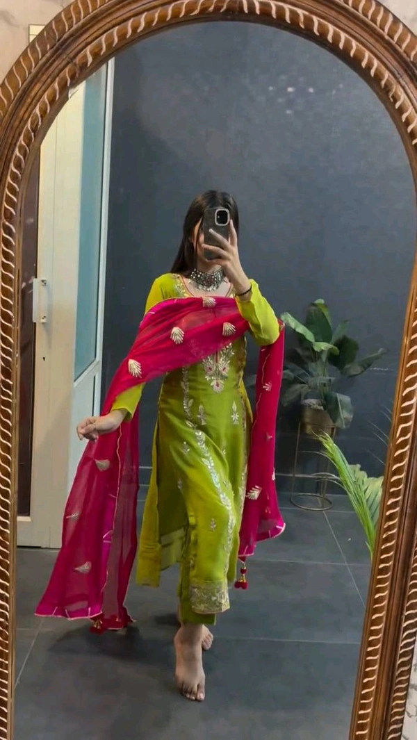 Elegant Heavy Chinnon Silk Embroidered Set with Full Sleeves & Sequence Work" - Bitter Lemon, XL